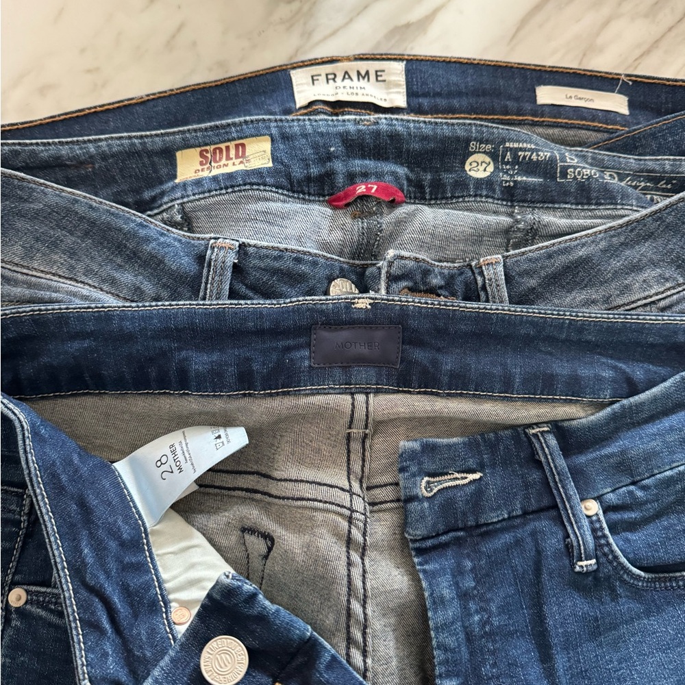 3 Pairs of Designer Blue Skinny Jeans: Frame, Mother, Sold Design LA